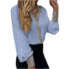 Women's V-Neck Leopard Printed Thin Casual Long Sleeve Top T-shirts