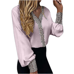 Women's V-Neck Leopard Printed Thin Casual Long Sleeve Top T-shirts