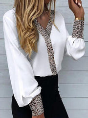 Women's V-Neck Leopard Printed Thin Casual Long Sleeve Top T-shirts
