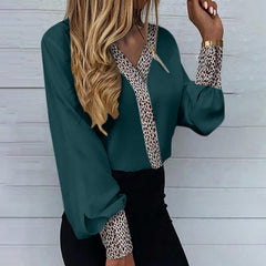 Women's V-Neck Leopard Printed Thin Casual Long Sleeve Top T-shirts