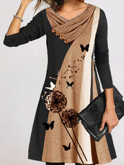 Women's long-sleeved loose print button-down double collar shift dresses