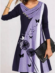 Women's long-sleeved loose print button-down double collar shift dresses