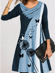 Women's long-sleeved loose print button-down double collar shift dresses