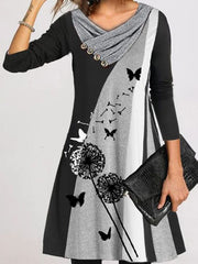 Women's long-sleeved loose print button-down double collar shift dresses