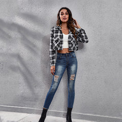 Women fashion casual grid and stripe long sleeve comfy blouse jackets