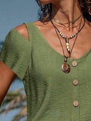 Cold shoulder Casual Shift Cotton-Blend Short Sleeve Shirts & Tops