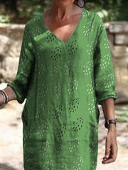 Casual Plain Cotton-Blend V Neck Dresses