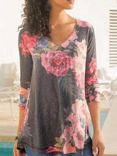Womens V-neck Long Sleeve Printed Casual T-shirts