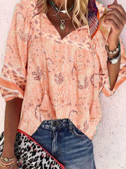 Paisley Half Sleeve Printed Polyester V neck Boho Summer Orange Top