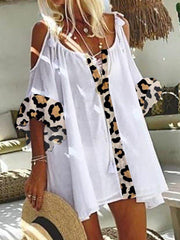 Casual Cotton-Blend Leopard Print Short Sleeve Dresses