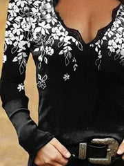 Black Floral Printed Casual V Neck Long Sleeve Sexy Shirts & Tops