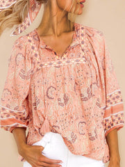 Paisley Half Sleeve Printed Polyester V neck Boho Summer Orange Top