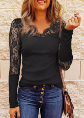 Casual Plain Sexy Lace Basic Shirts