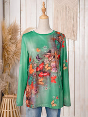 Crew Neck Long Sleeve Butterfly Print Shirts & Tops