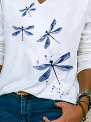 White Printed V Neck Casual Long Sleeve Shift Shirts & Tops