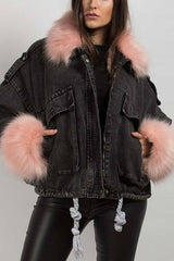 Detachable Fuzzy Faux Fur Collar Denim Coats