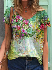 Colorful Flower Painting Short Sleeve Shirts & Tops