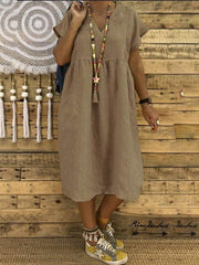 Deep Khaki V Neck Short Sleeve Dresses