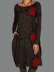 Deep Brown Cotton Floral Cocoon Long Sleeve Dresses