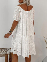 White Cotton-Blend Short Sleeve Casual Floral Shift Dresses