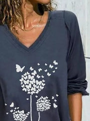 Vintage Long Sleeve Dandelion Printed V Neck Plus Size Casual Tops