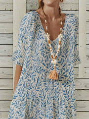 Polyester Cotton V Neck Pastoral Short Sleeve Dresses