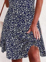Dark Blue Casual Short Sleeve Floral-Print A-Line Dresses