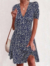 Dark Blue Casual Short Sleeve Floral-Print A-Line Dresses