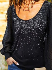 Black Casual Balloon Sleeve Paneled Lace Round Neck Shift T-Shirts