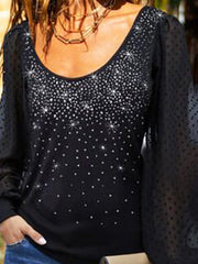 Black Casual Balloon Sleeve Paneled Lace Round Neck Shift T-Shirts