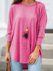 Womens loose casual round neck hem irregular solid color T-shirt