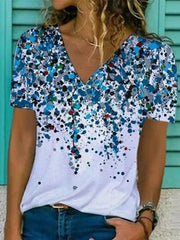 Blue Casual V Neck Short Sleeve Tops