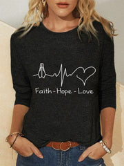 Faith Hope Love Letters Printed Long Sleeves Crew Neck Plus Size Casual Tops