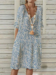 Polyester Cotton V Neck Pastoral Short Sleeve Dresses