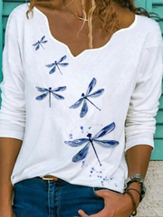 White Printed V Neck Casual Long Sleeve Shift Shirts & Tops