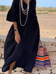 Black Half Sleeve Shift V Neck Solid Dresses
