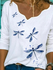 White Printed V Neck Casual Long Sleeve Shift Shirts & Tops