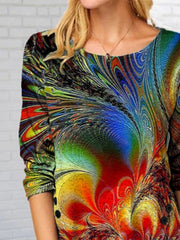 Casual Long Sleeve Round Neck Plus Size Printed Tops T-shirts for women