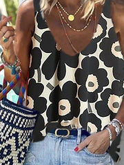 Black Floral Casual Sleeveless Tops