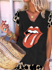 Casual Holiday Colorblock V Neck Leopard Print Short Sleeve Dresses