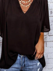Casual Solid V Neck Short Sleeve Tops