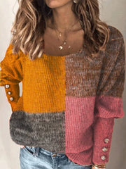 Rose Red Color-Block Long Sleeve Cotton-Blend Round Neck Sweater