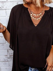 Casual Solid V Neck Short Sleeve Tops