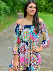 Pretty Sexy Floral-Print Long Sleeve Off-Shoulder Round Neck Mini Dress