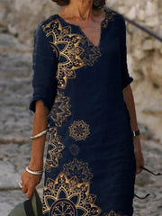 Dark Blue Half Sleeve Casual Printed Dresses