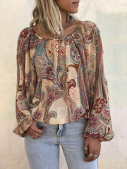 Boho Printed Crew Neck Casual Shirts Blouses