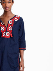 Navy Blue Embroidered Beach Cover-Ups