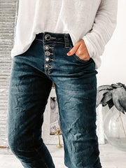 Deep Blue Buttoned Casual Denim Pants