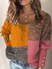 Rose Red Color-Block Long Sleeve Cotton-Blend Round Neck Sweater