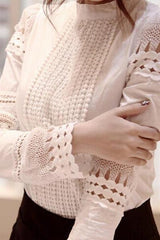 Cutout long-sleeve Shirt White Shirt OL Work Wear Lace Blouse Tops